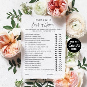 Könnte beinhalten: Ein druckbares "Rate mal: Braut oder Bräutigam"-Spiel mit 18 Fragen, um den Gästen zu helfen, zu erraten, wer eher bestimmte Dinge tut. Das Spiel ist für eine Hochzeitsparty oder einen Junggesellinnenabschied gedacht.