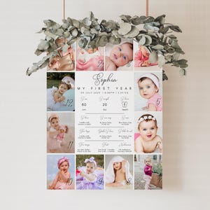 1st Birthday Sign, Baby Milestone Poster, First Birthday Photo Collage, Baby First Year Board, Birthday Party Decor 1st Milestone Sign CANVA