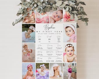 Peut inclure: Un collage photo personnalisé pour la première année de bébé, avec le nom "Sophia". Le collage comprend plusieurs photos du bébé, avec des détails tels que la taille (60 cm), le poids (9.07 kg) et le nombre de dents.