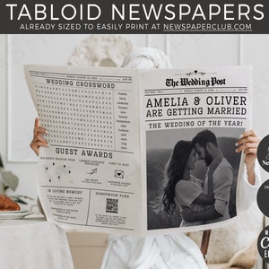 May include: A black and white wedding announcement in the style of a tabloid newspaper. The headline reads "Amelia & Oliver Are Getting Married! The Wedding of the Year!" with a photo of the couple below. The newspaper also includes a wedding crossword puzzle, guest awards, and a honeymoon fund QR code.