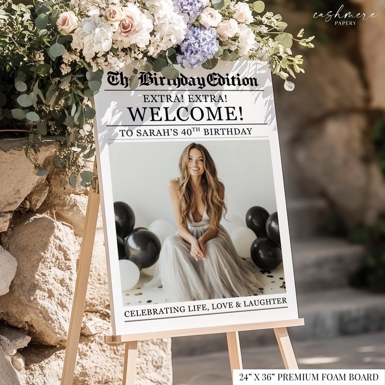 Birthday Newspaper Personalized Welcome Sign, Custom Newspaper Bday Poster Printed Foam Board Decor image 3