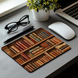Bookshelf Mouse pad: Vintage Watercolor design with black non-slip Rubber Backing