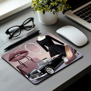 Vintage 50&#39;s Mouse Pad : Car & Fashion Collage Design with Black Non-slip Rubber Backing