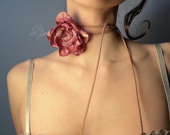 Iridescent Handmade Corsage Neck Flower in Pink with Gold shine by Efflorescence