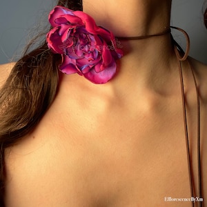 Iridescent Handmade Corsage Neck Flower in Fuchsia with Blue shine by Efflorescence