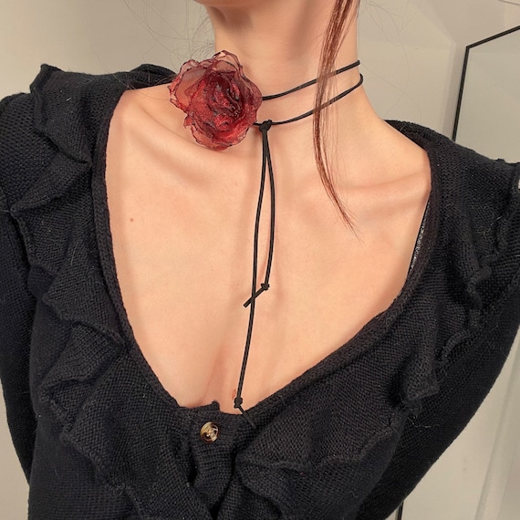 Handmade Phantom Flower Choker/Necklace Made Out of Organza in Red