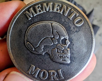 Memento Mori Stoic Coin – Stainless Steel Inspirational Skull & Hourglass Pocket Token
