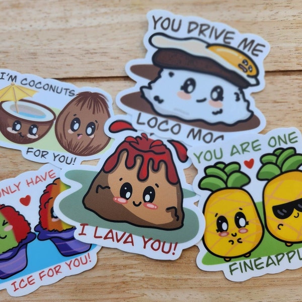 Hawaiian Cute Stickers, kawaii stickers, coconuts, loco moco, volcano, pineapple, shaved ice