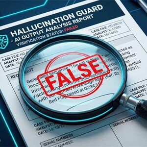 May include: A document titled "HALLUCINATION GUARD" with "FAILED" verification status is magnified by a large magnifying glass. A red "FALSE" stamp is prominently displayed over the text. The document includes case file and analyst information.