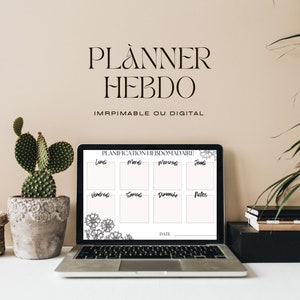May include: A black and white printable or digital weekly planner on a laptop computer. The planner has a section for each day of the week, including Monday, Tuesday, Wednesday, Thursday, Friday, Saturday, Sunday, and a notes section. The planner also has a space for the date.