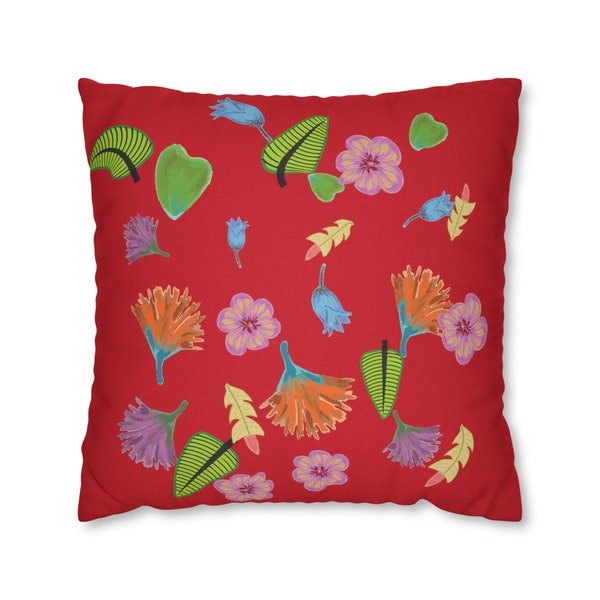 Falling Flowers, Red Summer Garden, Square Pillow Cover