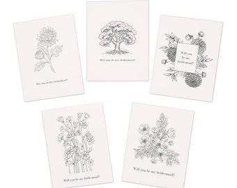 ¿Serás mi paquete de tarjetas de dama de honor / Tarjeta de propuesta de dama de honor / Tarjeta de dama de honor / Dibujado a mano / Impreso / flores / Naturaleza / arte