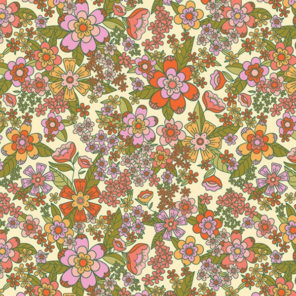 Tissu floral Stay Groovy Sunshine par AGF Studio for Art Gallery Fabrics - style années 70 - métrage continu