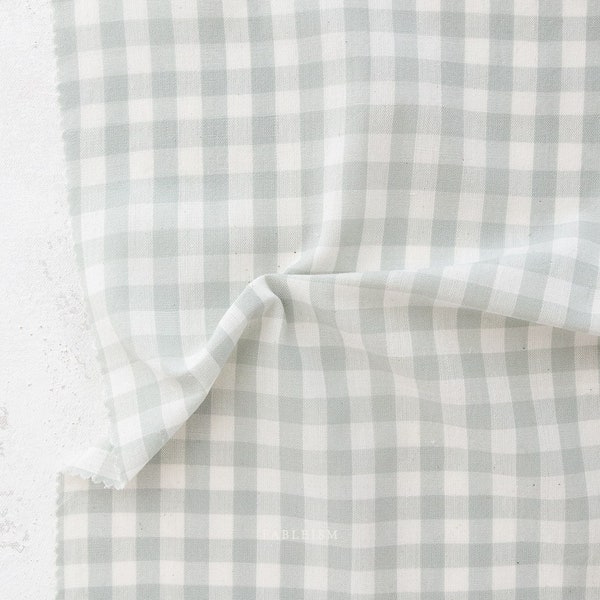 Mist Camp Gingham fabric by Fableism - Light Blue/Green Gingham Fabric - Continuous Yardage
