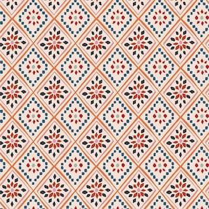 May include: A seamless pattern featuring a repeating geometric design of red, blue, and green starbursts within a diamond shape. The background is a light peach color.