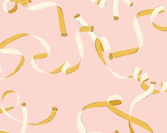 May include: A seamless pattern featuring a repeating design of yellow measuring tapes on a pink background. The measuring tapes are curled and twisted, creating a dynamic and playful design.