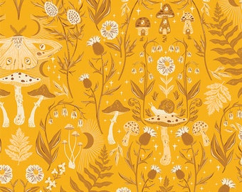 Hidden Land Marigold Hazelwood mushrooms fabric by AGF - continuous yardage