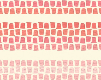 May include: A repeating pattern of pink and red thimble shapes on a cream background. The thimbles are arranged in rows, with each row slightly offset from the one above it. The pattern creates a subtle gradient effect, with the thimbles at the top of the image being the lightest shade of pink and the thimbles at the bottom being the darkest shade of red.