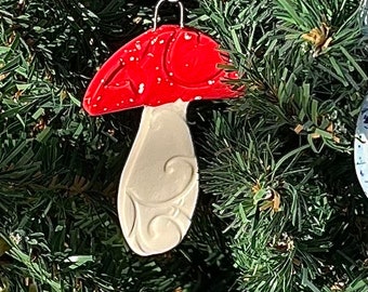 Mushroom Ornament | Pottery Mushroom Ornament | Pottery Christmas Tree Decoration | Secret Santa Gift Exchange | Handmade Winter Holiday