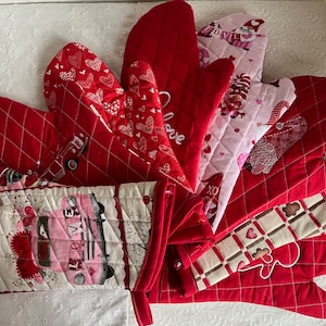 Gnomes, Red Truck, Gingerbread Men, & Hearts; Embroidered, Valentine Pair of Oven Mitts