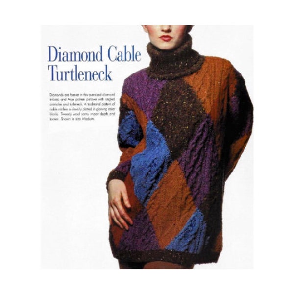 Knitting Pattern Argyle Aran Turtleneck Sweater PDF Instant Download Cable Knit Tunic Top Oversized Pullover Sweater