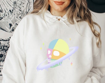 Pastel Goth Skull Hoodie, Y2K Trendy Oversized Sweatshirt