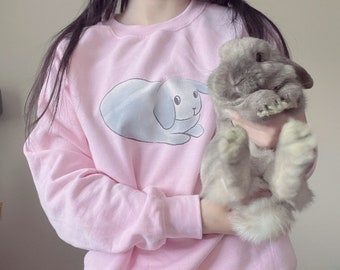 Felpa con coniglietto Holland Lop, girocollo con coniglietto carino, vestibilità oversize