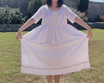Handmade Upcycled Scallop Dress Vintage Home Dress White Midi Dress Gold Embroidered Dress Sustainable Cotton Dress Soft Romantic Long Dress