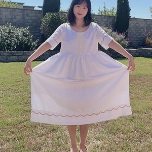 Handmade Upcycled Scallop Dress Vintage Home Dress White Midi Dress Gold Embroidered Dress Sustainable Cotton Dress Soft Romantic Long Dress