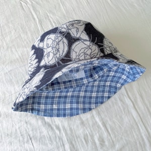 Cat Bucket Hat, Reversible Bucket Hat For Women, Handmade Hair Accessory, Japanese Black Cat Hat, Y2K Blue Plaids Hat, Cat Lover Gift,