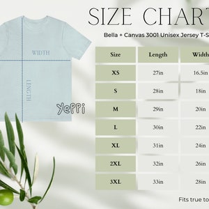 May include: Size chart for a Bella + Canvas 3001 Unisex Jersey T-Shirt. The chart shows the length and width in inches for sizes XS to 3XL.