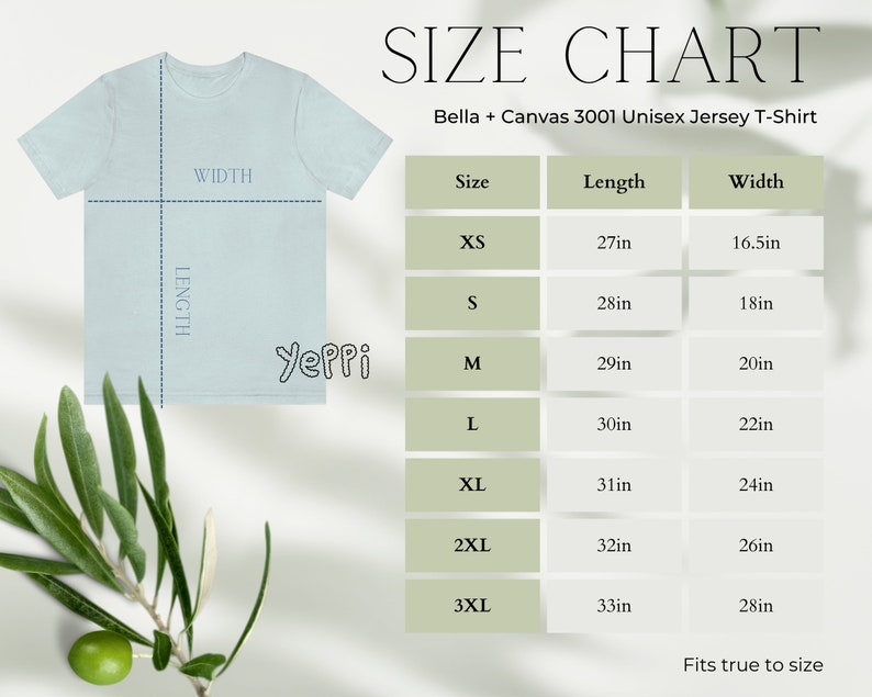 May include: Size chart for a Bella + Canvas 3001 Unisex Jersey T-Shirt. The chart shows the length and width in inches for sizes XS to 3XL.