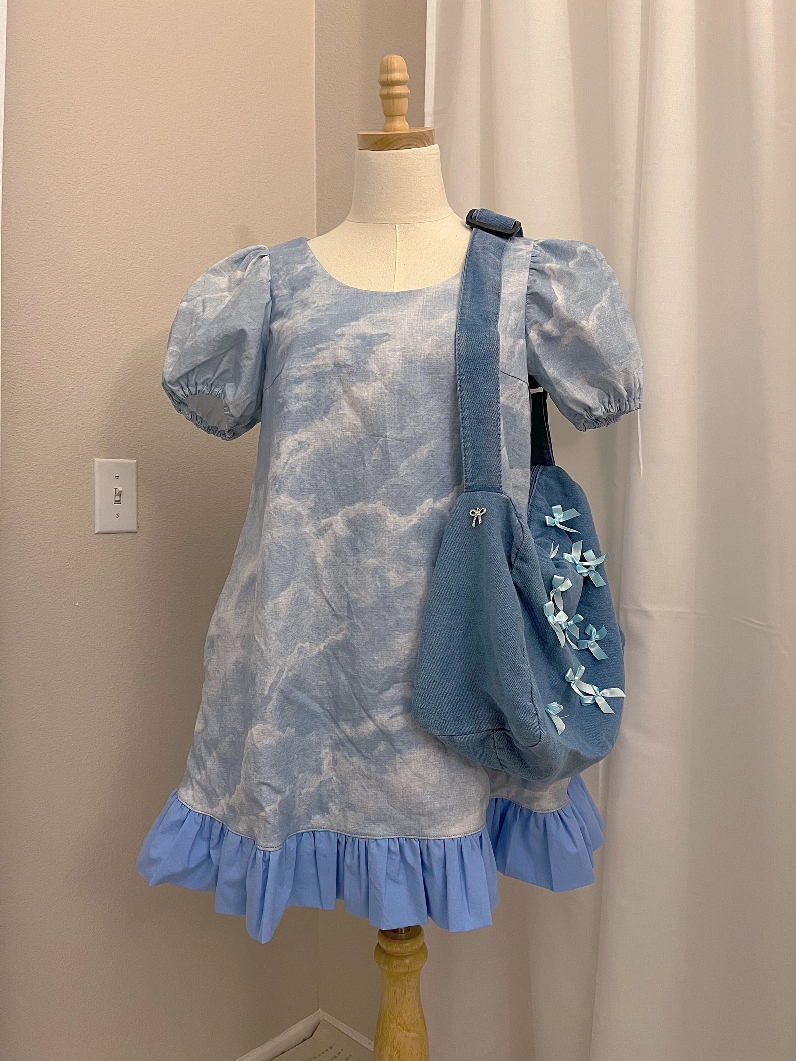 Blue Rhinestone Denim Micro Bow Bag