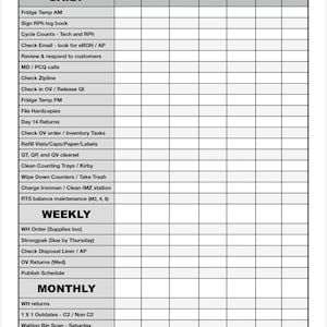 May include: A black and white checklist titled "Daily, Weekly, Monthly Checklist." The checklist is divided into daily, weekly, and monthly tasks, with columns for each day of the week. Tasks include checking email, reviewing customer responses, and inventory tasks.