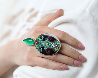 Sterling Silver Black Panther & Green Agate Ring, Adjustable Cloisonné Enamel Statement Ring, Unique May Birthstone Gift, Wearable Art