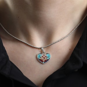 Dainty Sterling Silver Heart Necklace, Handcrafted Cloisonné Enamel Pendant, Perfect Gift Idea, Wearable Art Jewelry image 1