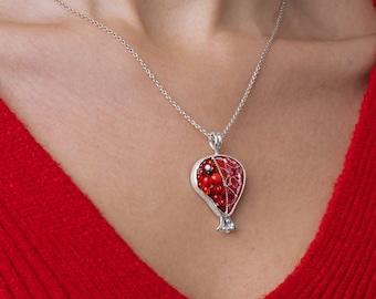 Timeless Elegance Pomegranate Necklace Pendant in Sterling Silver, Cloisonné Enamel Artistry, Unique Gift Idea, Wearable Art Jewelry