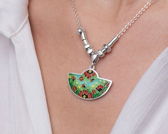 Handcrafted Sterling Silver Red Poppy Enamel Necklace, Floral Cloisonné Artistry, Unique Artisan Jewelry, Wearable Art