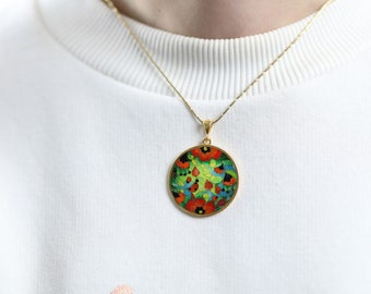 Gold Poppy Pendant in Cloisonné Enamel, Artisan Crafted Floral Necklace Charm, Wearable Art, Gift for her
