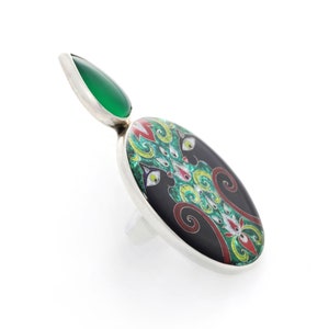 Sterling Silver Black Panther & Green Agate Ring, Adjustable Cloisonné Enamel Statement Ring, Unique May Birthstone Gift, Wearable Art image 3