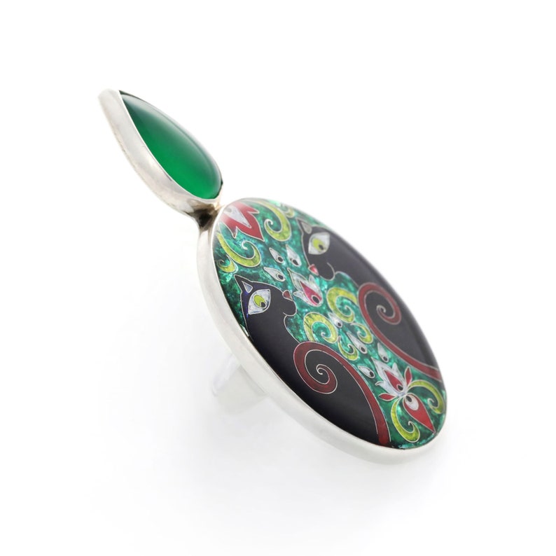 Sterling Silver Black Panther & Green Agate Ring, Adjustable Cloisonné Enamel Statement Ring, Unique May Birthstone Gift, Wearable Art image 3