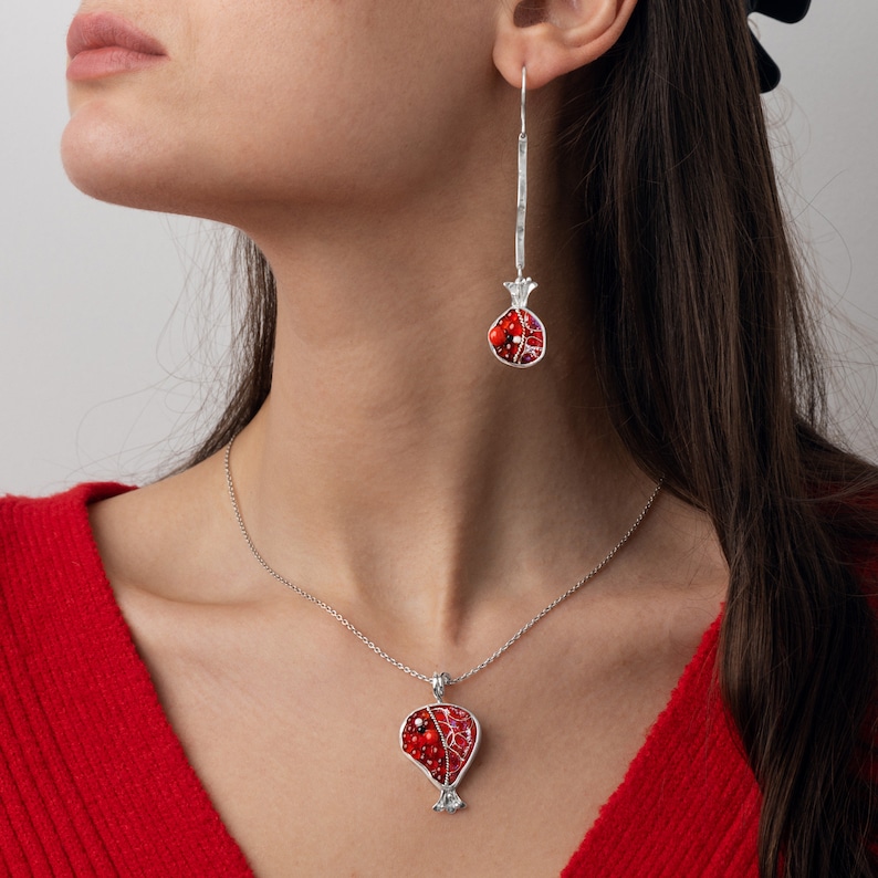 Eternal Aphrodite Pomegranate Dangle Earrings in Sterling Silver, Cloisonné Enamel, Unique Artisan Jewelry, Ideal Gift, Wearable Art image 4