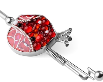 Handcrafted Pomegranate-Inspired Brooch in Sterling Silver, Unique Cloisonné Enamel Pin with one pomegranates, Gift-Ready in Branded Box