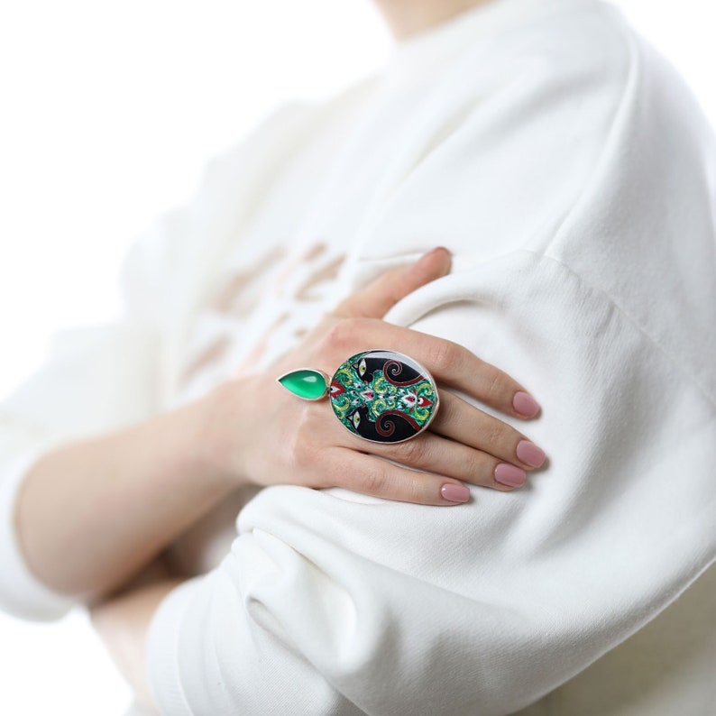 Sterling Silver Black Panther & Green Agate Ring, Adjustable Cloisonné Enamel Statement Ring, Unique May Birthstone Gift, Wearable Art image 1