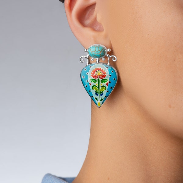 Handcrafted Cloisonné Enamel Turquoise Earrings in Sterling Silver, Unique Statement Earrings, Wearable Art Jewelry, Gift for her
