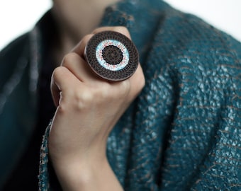 Nature-Inspired Walnut Wood & Cloisonné Enamel Statement Ring with Sterling Silver Band - Adjustable Size - Wearable Art Jewelry