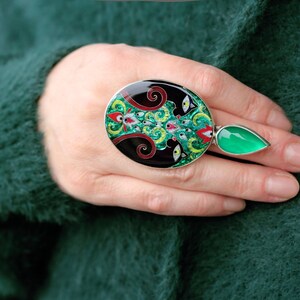 Sterling Silver Black Panther & Green Agate Ring, Adjustable Cloisonné Enamel Statement Ring, Unique May Birthstone Gift, Wearable Art image 5