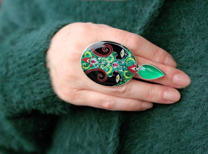 Sterling Silver Black Panther & Green Agate Ring, Adjustable Cloisonné Enamel Statement Ring, Unique May Birthstone Gift, Wearable Art image 5