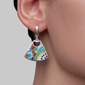 Handcrafted Floral Cloisonné Enamel Earrings in Sterling Silver, Vibrant Swirls & Gold-Edged Ebony Droplets, Gift-Ready in Branded Box