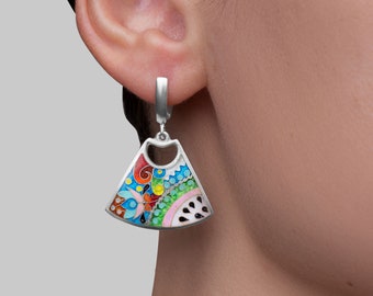 Handcrafted Floral Cloisonné Enamel Earrings in Sterling Silver, Vibrant Swirls & Gold-Edged Ebony Droplets, Gift-Ready in Branded Box